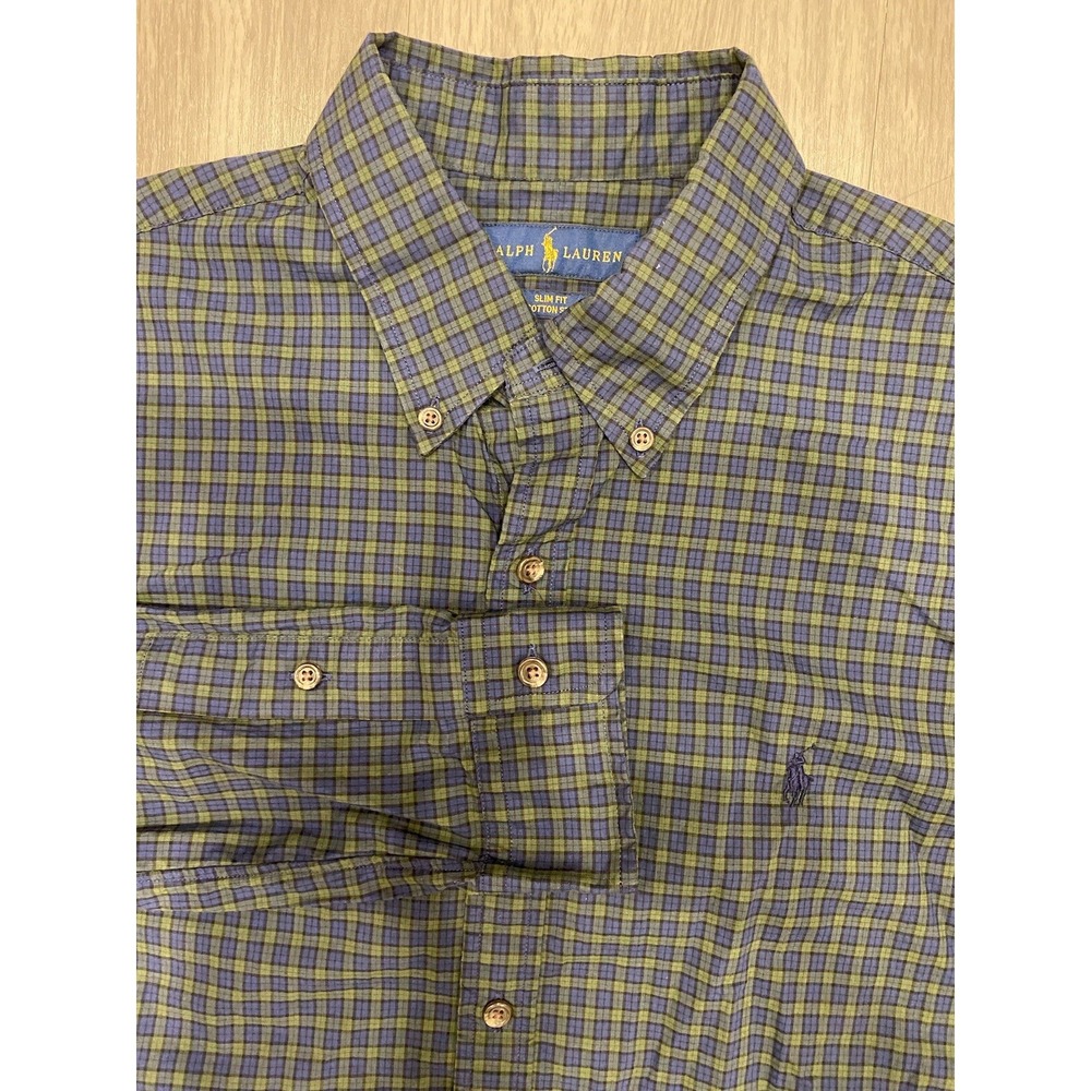 Ralph Lauren Shirt Mens L Blue Green Check Slim Fit‎ Stretch Cotton Button Down